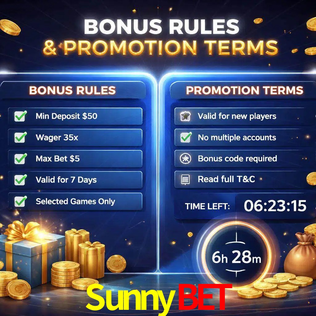 Reglas de promoción SunnyBet y condiciones de bonos explicadas visualmente