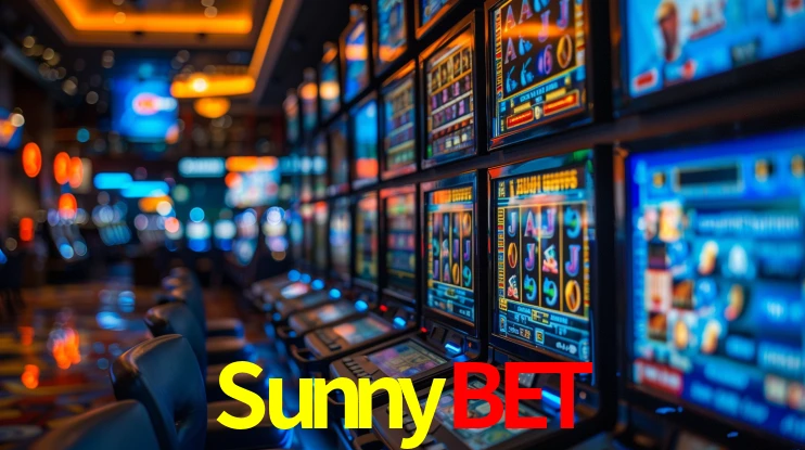 Escena dinámica inspirada en casino con iluminación SunnyBet, cartas, fichas e íconos de juegos digitales en un espacio moderno de juegos.