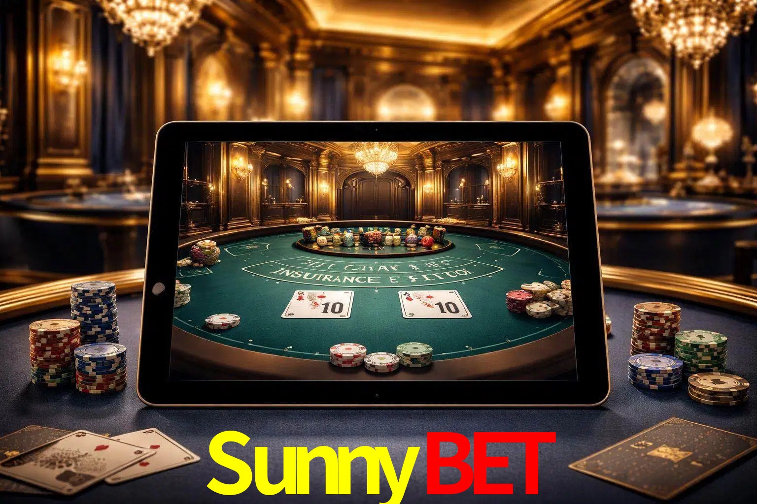 Configuración moderna de casino en vivo con una tableta mostrando una mesa de blackjack, luces cálidas de estudio y una atmósfera elegante de juegos digitales.