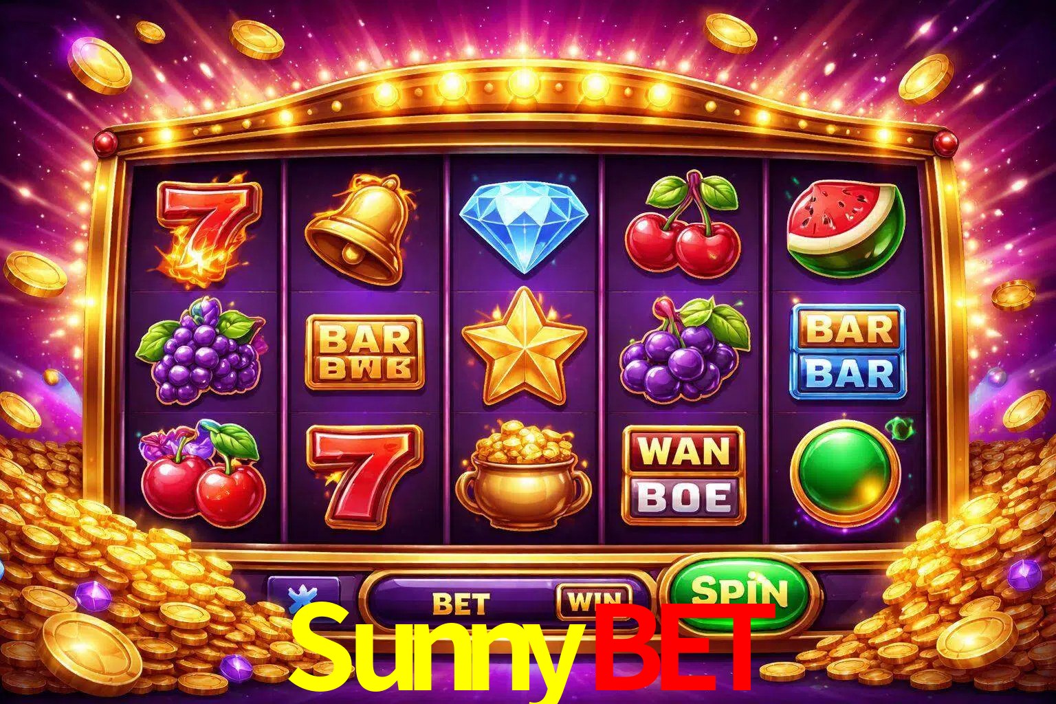Una interfaz colorida de tragamonedas en línea con símbolos brillantes, monedas y un efecto de victoria celebratoria en SunnyBet.