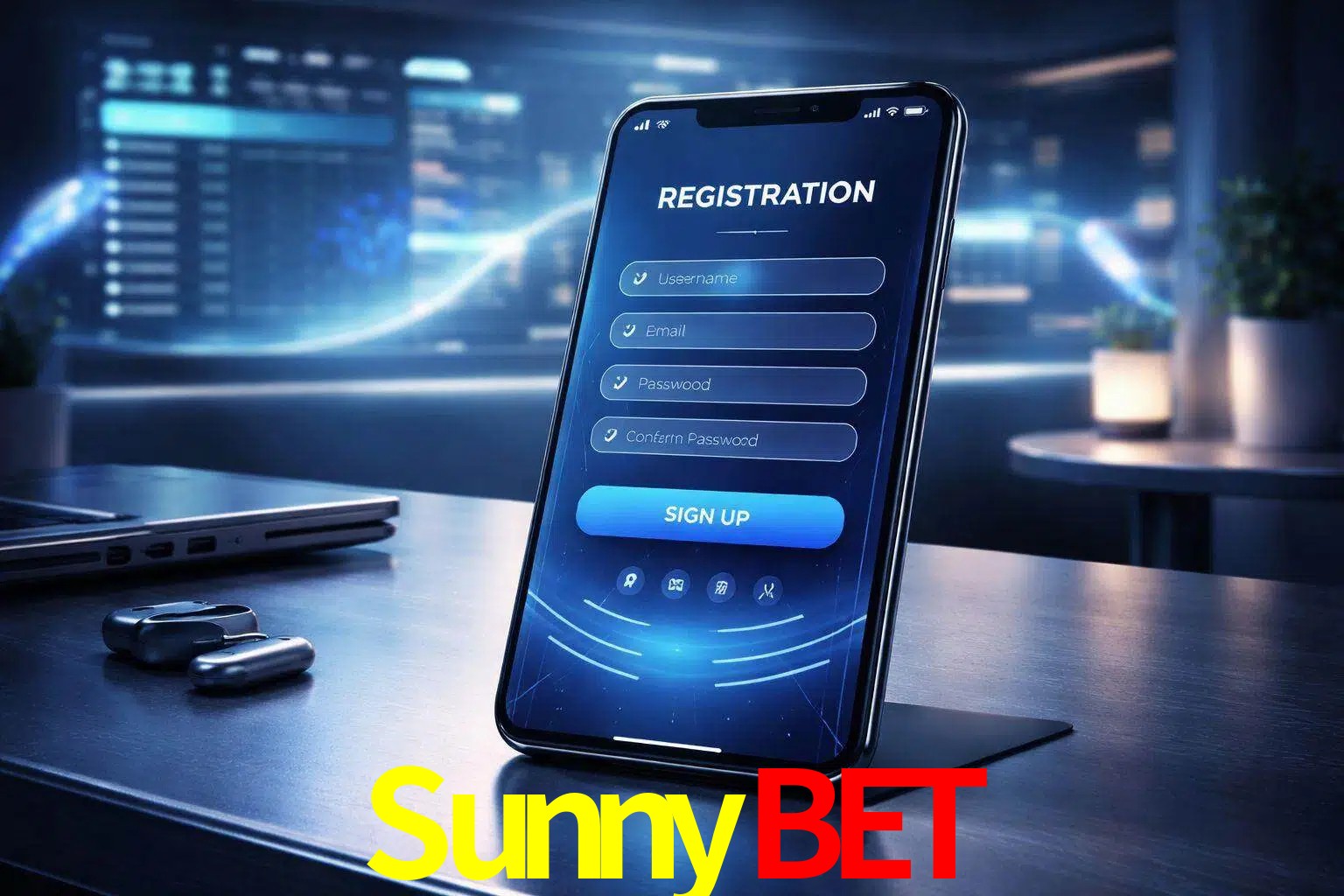 Una interfaz moderna de registro móvil para SunnyBet mostrada en un smartphone con un panel de apuestas elegante.
